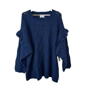 Old Navy Sweater‎ 4X Navy Blue Wool Blend Ruffle Trim Open Knit Classic Cozy